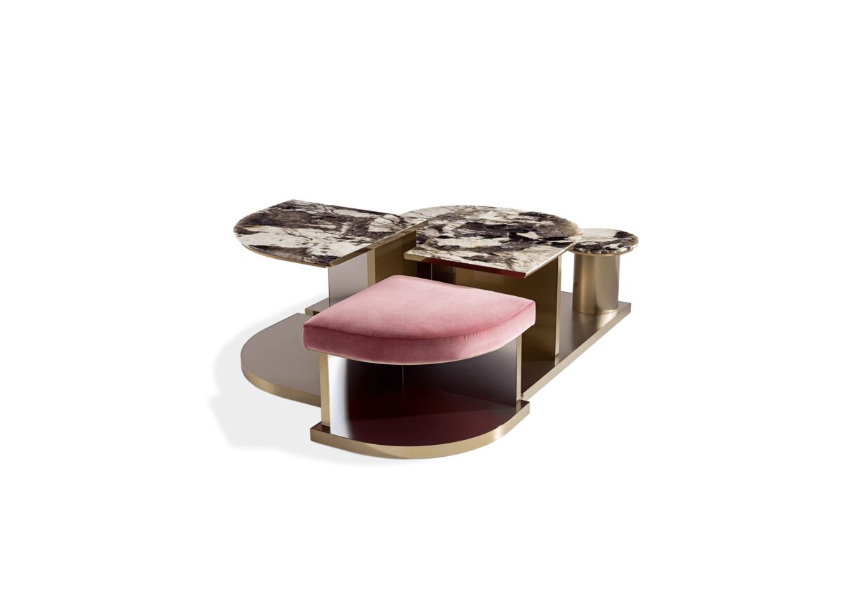 Pandora luxury stone coffee table with pink ottoman set hero shot marble finish vibrant imitation leather living room