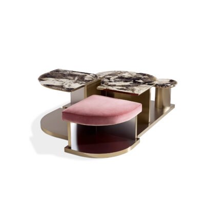 Pandora luxury stone coffee table with pink ottoman set hero shot marble finish vibrant imitation leather living room