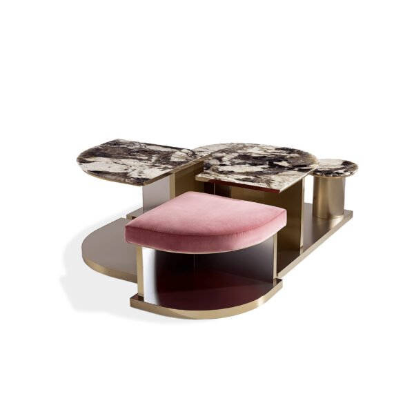 Pandora luxury stone coffee table with pink ottoman set hero shot marble finish vibrant imitation leather living room