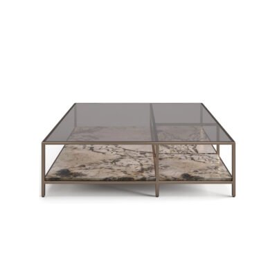 Gray glass Tianshan stone coffee table 120x120cm with brown copper hardware and corner table