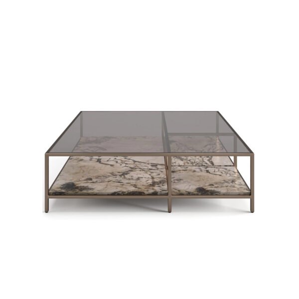 Gray glass Tianshan stone coffee table 120x120cm with brown copper hardware and corner table