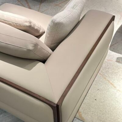 Close-up red oak walnut open pore matte finish frame and copper gold gloss accent detail