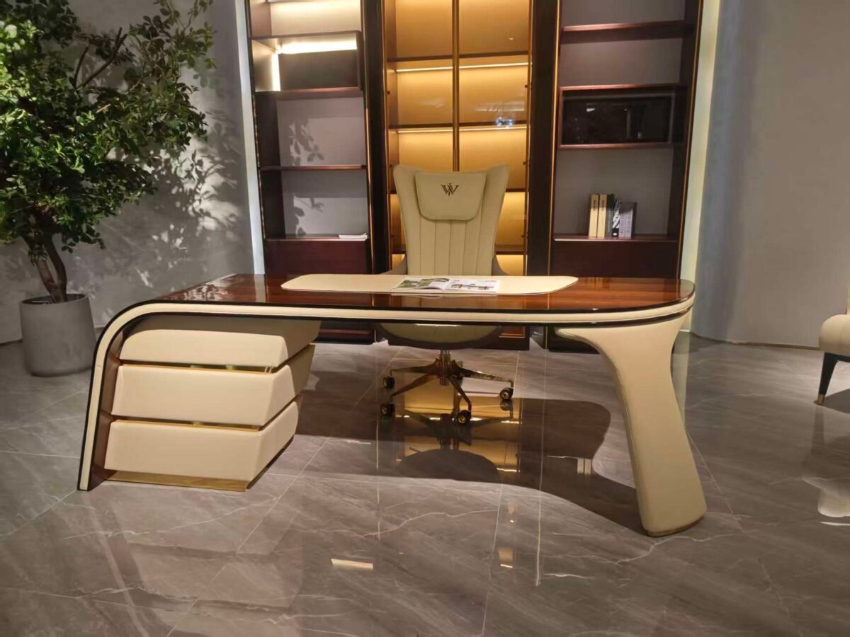 Contemporary curved wood desk home office styled modern residential professional interior copper gold gloss metal base 230cm