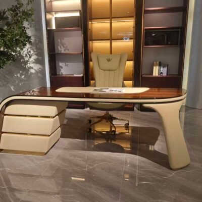 Contemporary curved wood desk home office styled modern residential professional interior copper gold gloss metal base 230cm