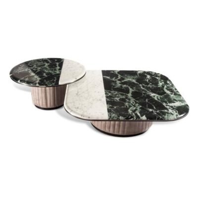 Luxury stone top glass coffee table set 120x120cm with brown copper hardware and corner table