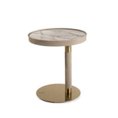 Elephant white marble round side table with copper gold base hero shot natural stone veining living room
