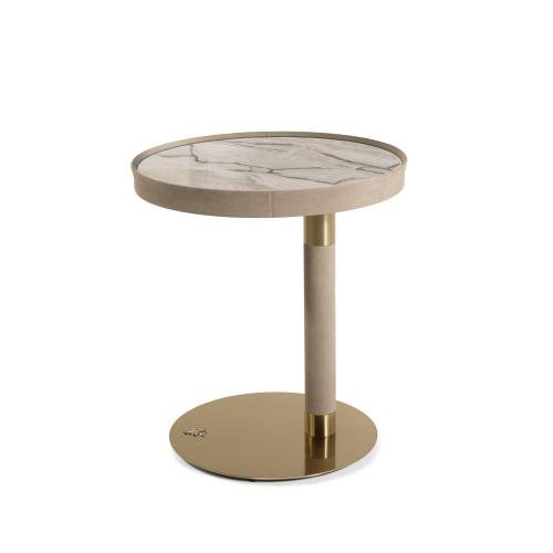Elephant white marble round side table with copper gold base hero shot natural stone veining living room