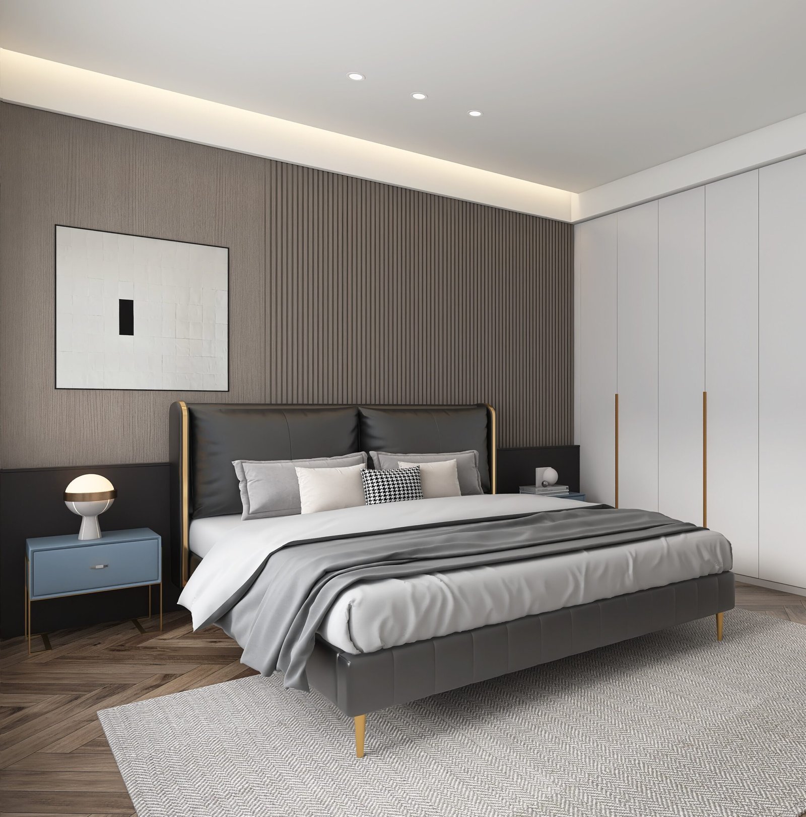 A contemporary bedroom with a grey upholstered bed, blue nightstand, herringbone wood floor, and white wardrobe