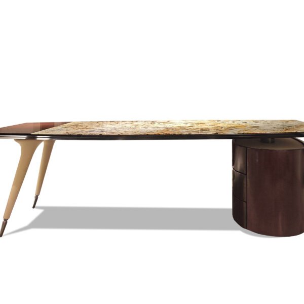 Ambassador gold stone executive desk hero shot butterfly gold flower stone slab wood veneer legs copper gold office