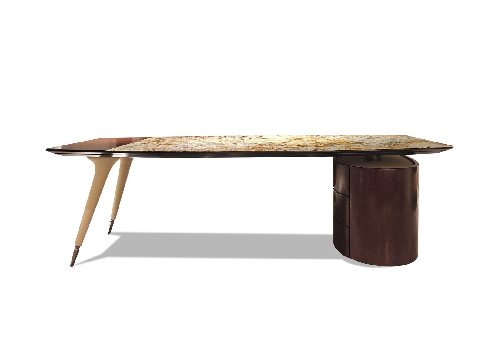 Ambassador gold stone executive desk hero shot butterfly gold flower stone slab wood veneer legs copper gold office