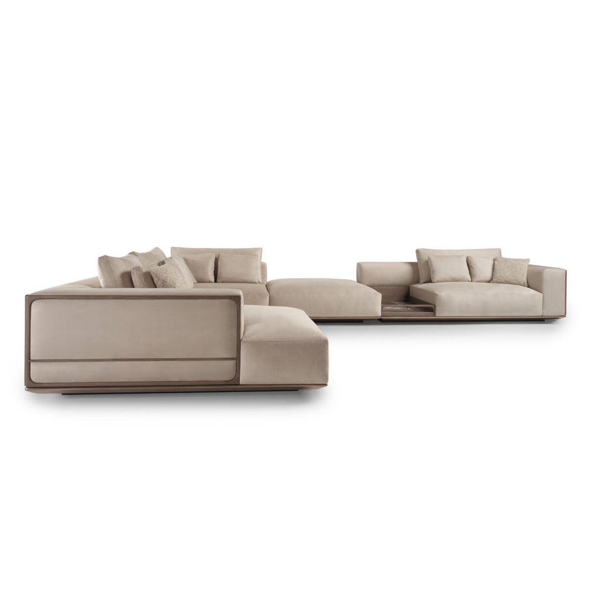 Beige half leather modern sofa set four piece with red oak walnut frame and copper gold accents