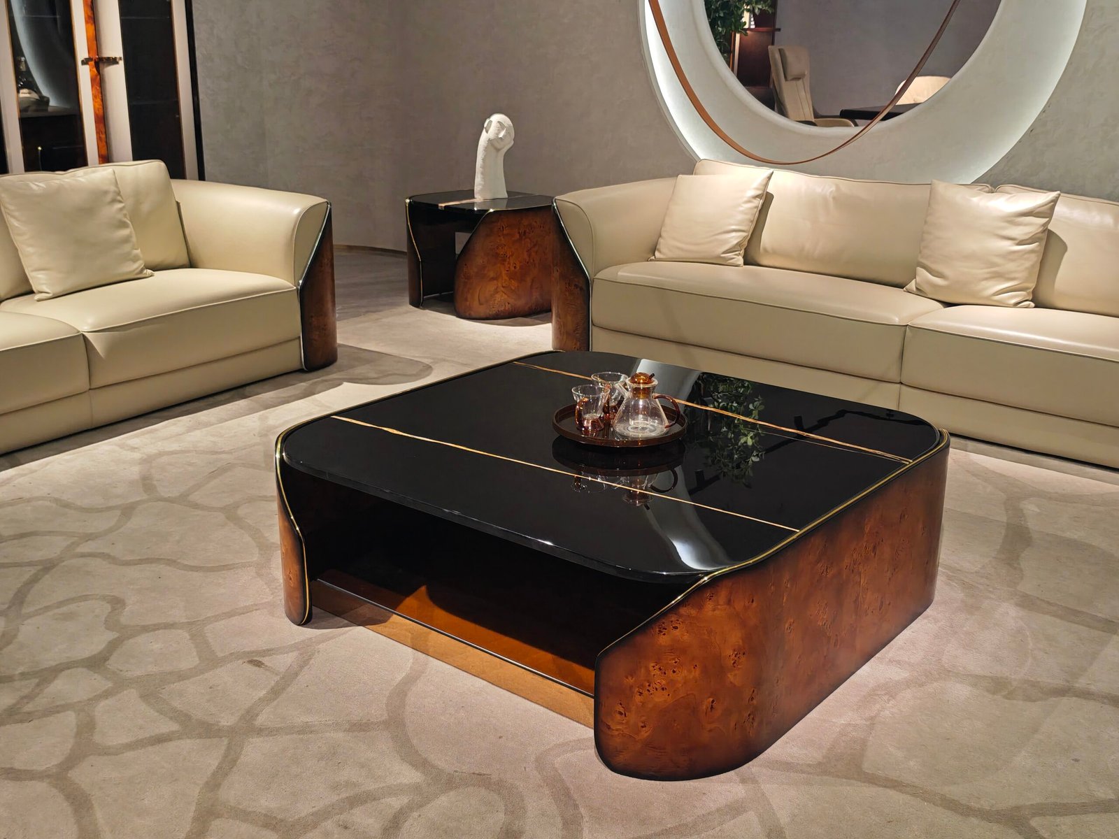Contemporary black gold accent table set for living room styled in modern luxury residential interior Laurent marble