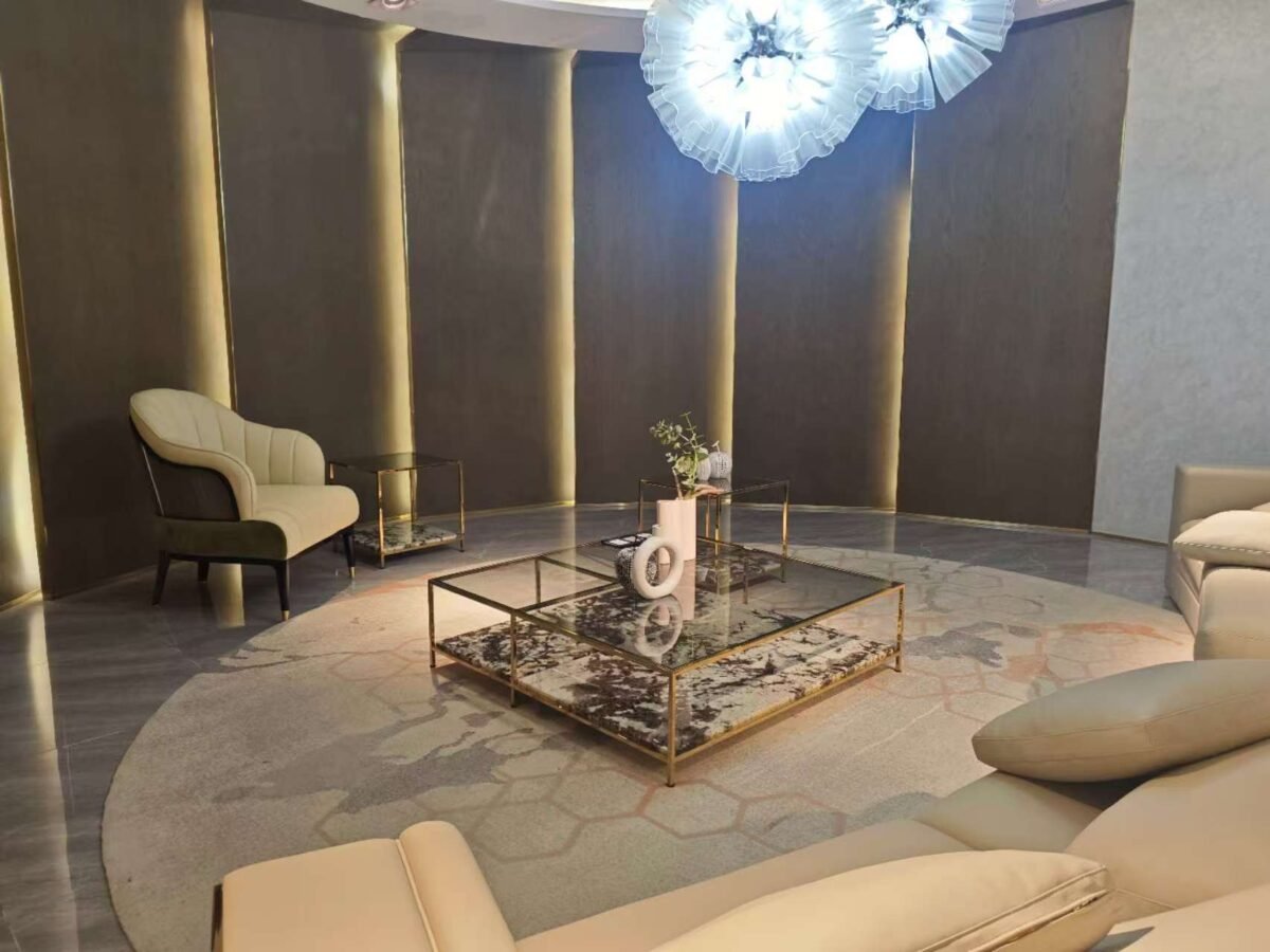 Tianshan Muxue stone accent side table set styled in contemporary luxury living room