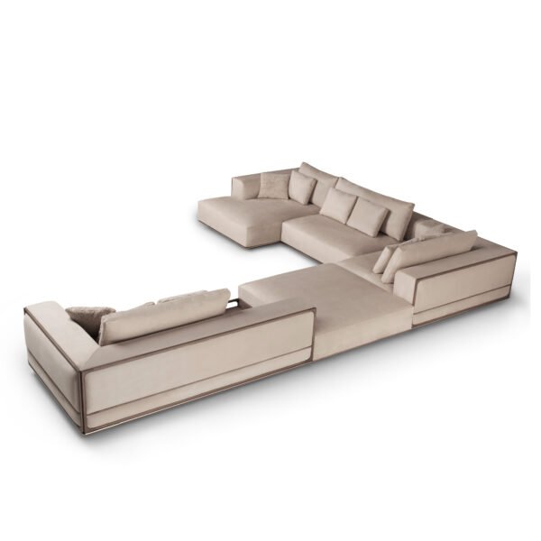 Beige half leather modern sofa set four piece with red oak walnut frame and copper gold accents
