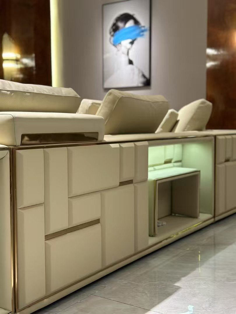 Close-up suede genuine leather upholstery surface and built-in storage compartment open detail