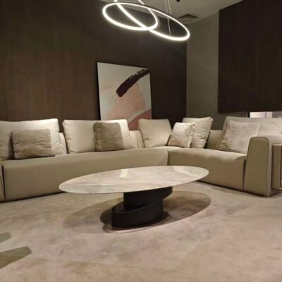 Venetian stone accent living room sofa styled in modern luxury open plan residence