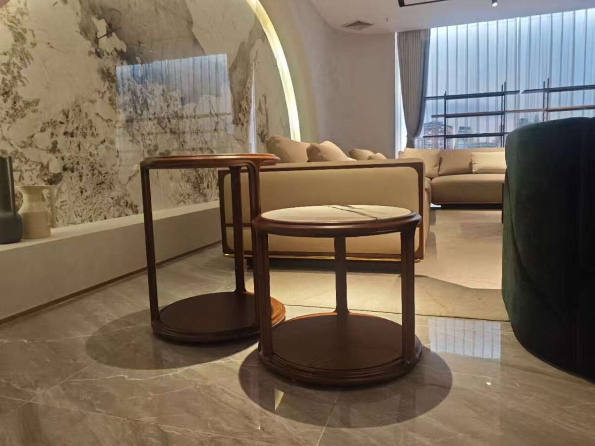 Contemporary panda white marble side table for living room bedroom styled in modern residential interior red oak walnut two heights