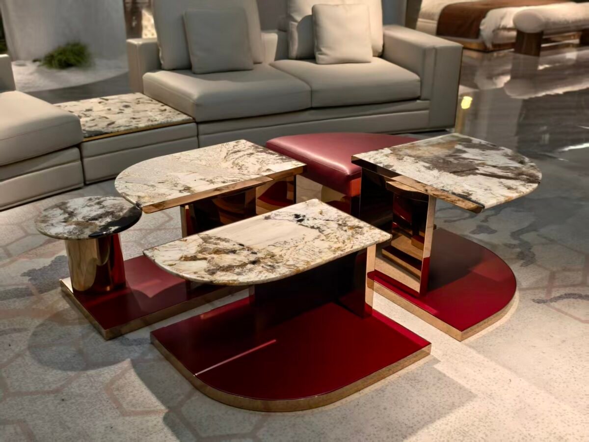 Luxury stone coffee table pink ottoman living room set ottoman positioned and extended configuration imitation leather seating detail