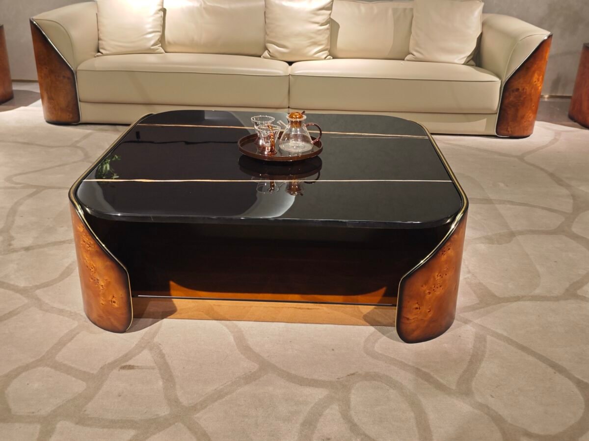 Luxury black marble glass top coffee table 116cm corner table 60cm Laurent set scale proportion comparison detail