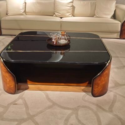 Luxury black marble glass top coffee table 116cm corner table 60cm Laurent set scale proportion comparison detail