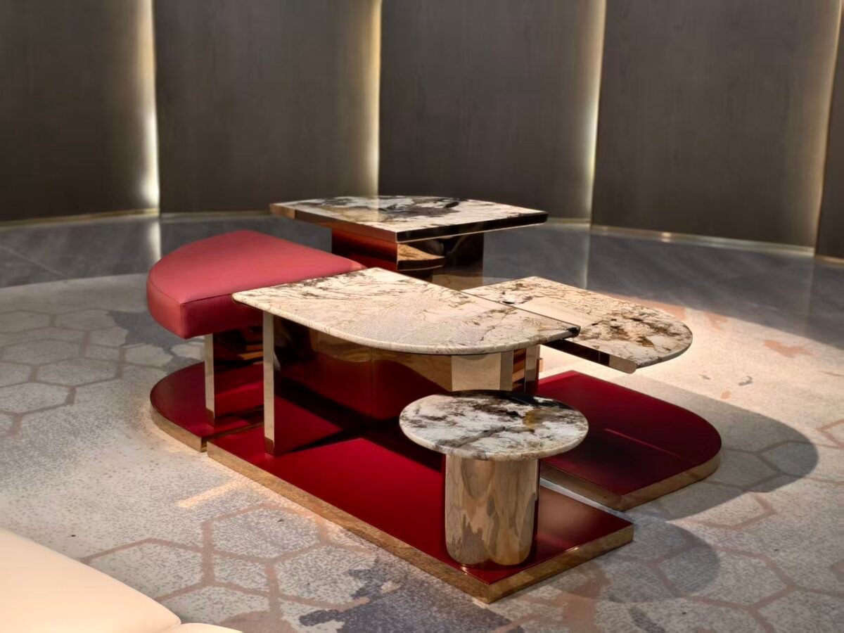 Contemporary Pandora stone accent table with ottoman for living room styled in modern luxury residential interior pink marble