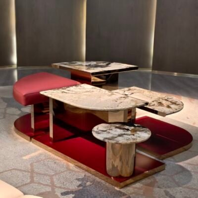 Contemporary Pandora stone accent table with ottoman for living room styled in modern luxury residential interior pink marble