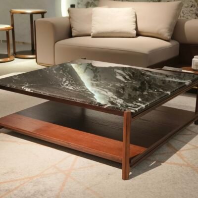Square marble coffee table with hidden storage boxes open configuration plywood glossy lacquer interior detail