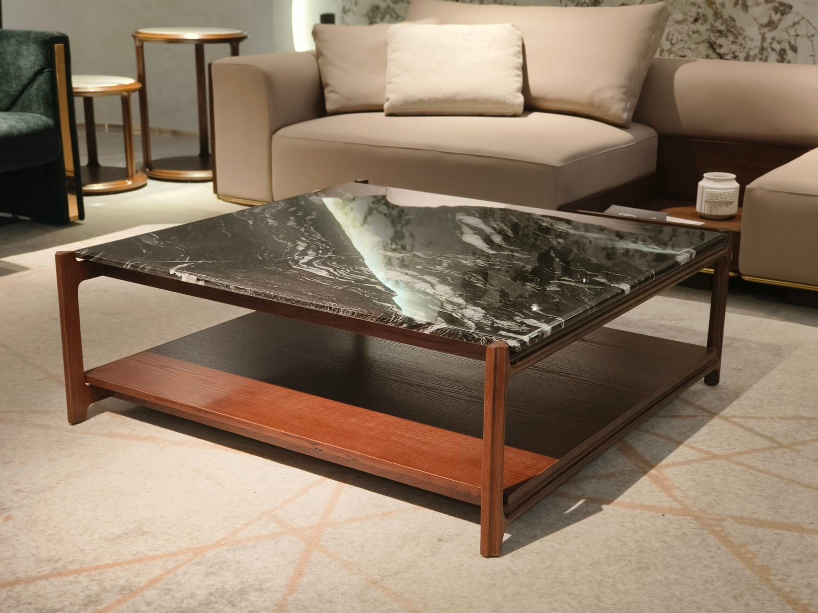 Square marble coffee table with hidden storage boxes open configuration plywood glossy lacquer interior detail