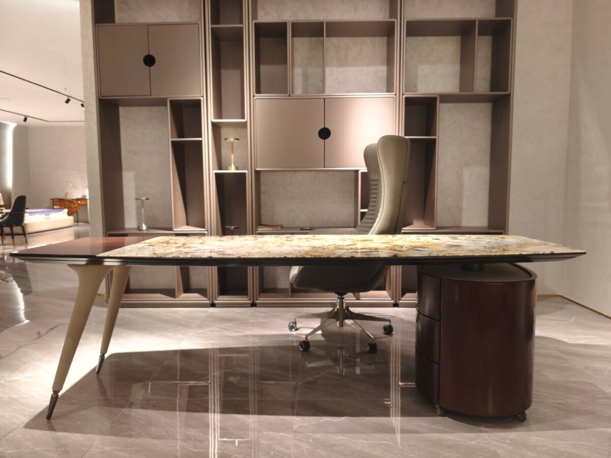 Contemporary stone desk home office corporate styled modern residential professional interior Ambassador butterfly gold wood veneer