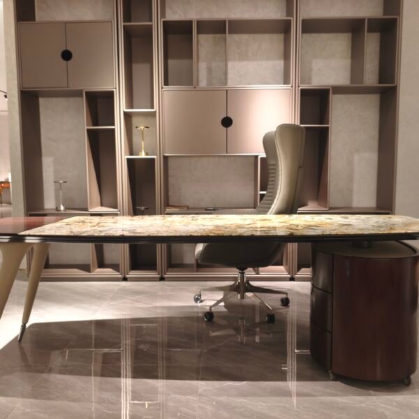 Contemporary stone desk home office corporate styled modern residential professional interior Ambassador butterfly gold wood veneer