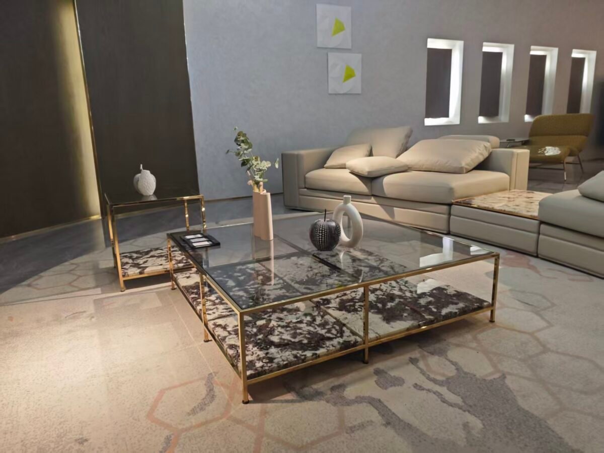 Close-up Tianshan Muxue stone surface and glossy brown copper hardware frame detail