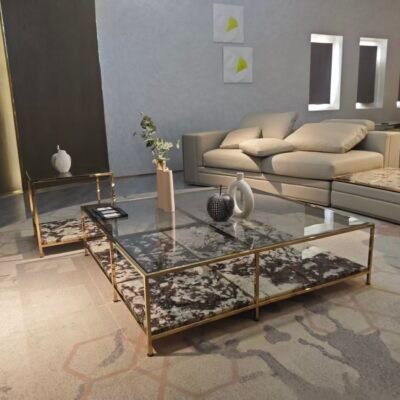 Close-up Tianshan Muxue stone surface and glossy brown copper hardware frame detail