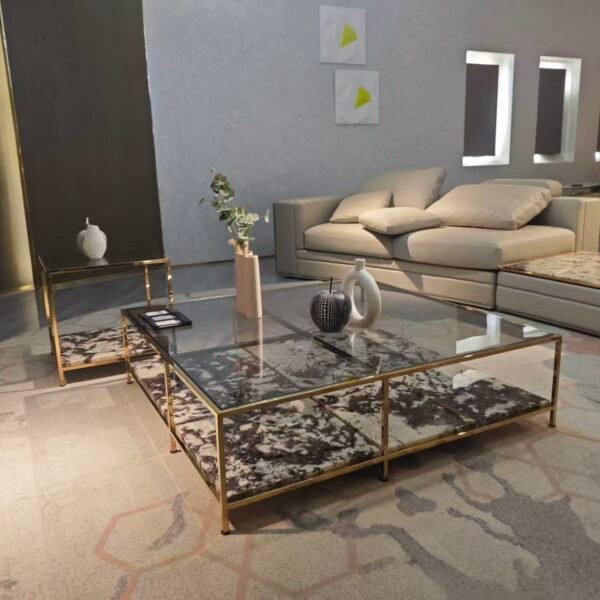 Close-up Tianshan Muxue stone surface and glossy brown copper hardware frame detail