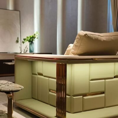 Close-up suede genuine leather upholstery surface and built-in storage compartment open detail