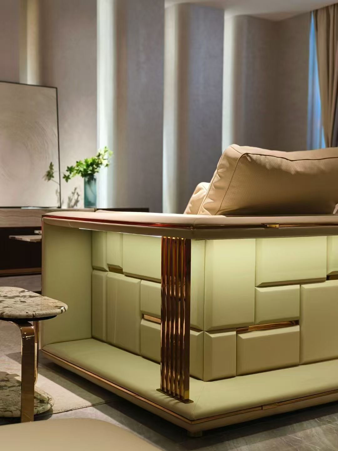 Close-up suede genuine leather upholstery surface and built-in storage compartment open detail