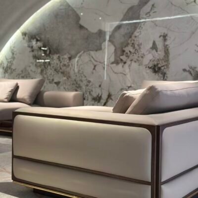 Close-up red oak walnut open pore matte finish frame and copper gold gloss accent detail