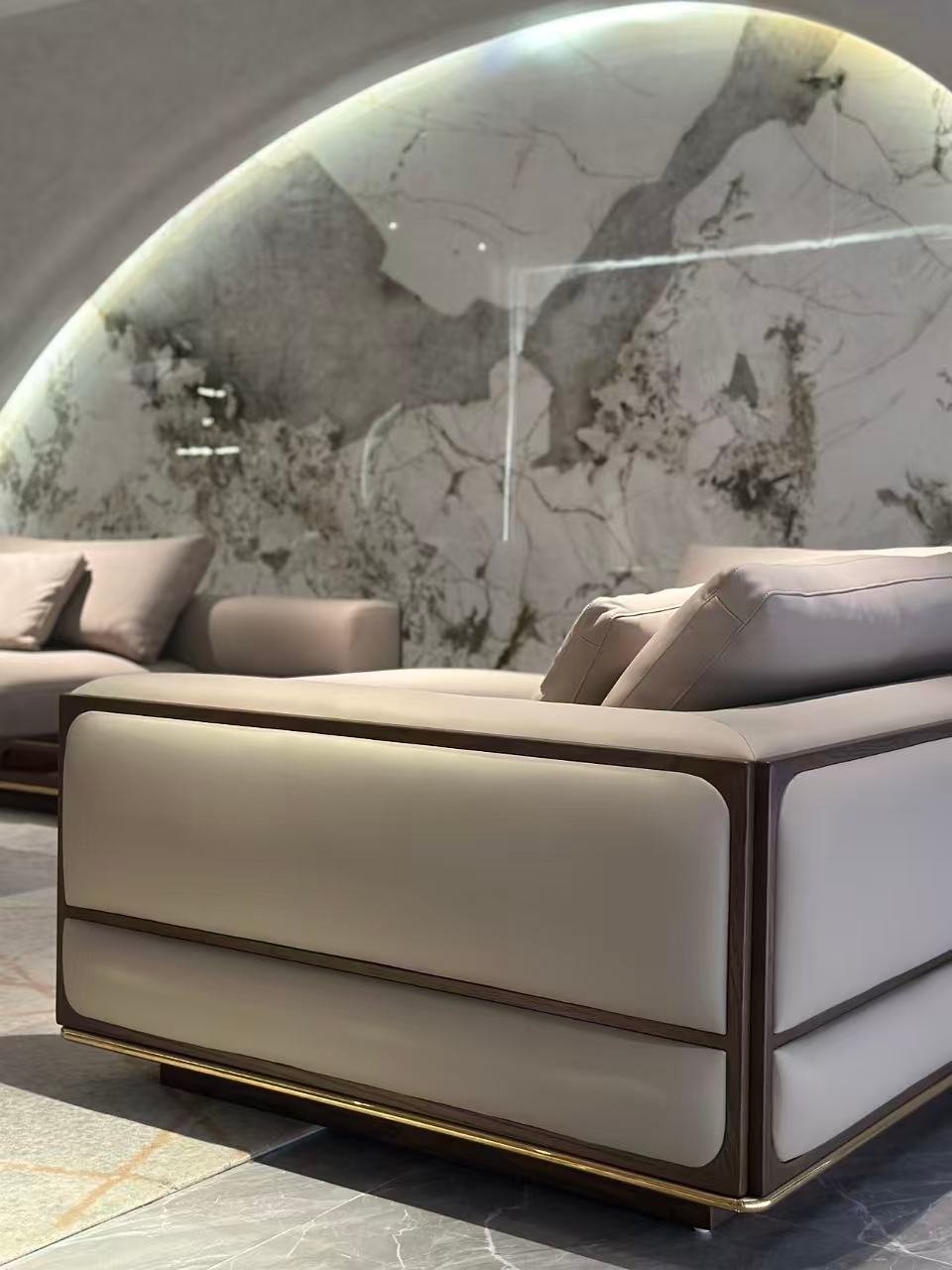 Close-up red oak walnut open pore matte finish frame and copper gold gloss accent detail