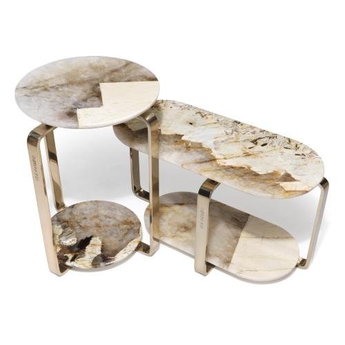 Babylon combined corner table stone top titanium gloss legs hero shot two piece light dark stone living room