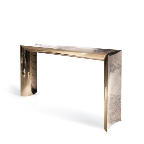 Marble console table Prussian copper mirror finish hero shot snow accent hallway 180cm natural marble top
