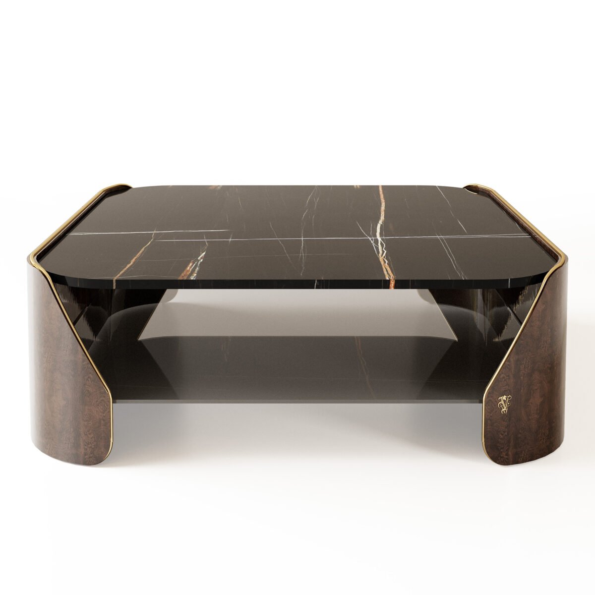 Laurent black gold marble coffee table and corner table set hero shot gold veining poplar burl living room
