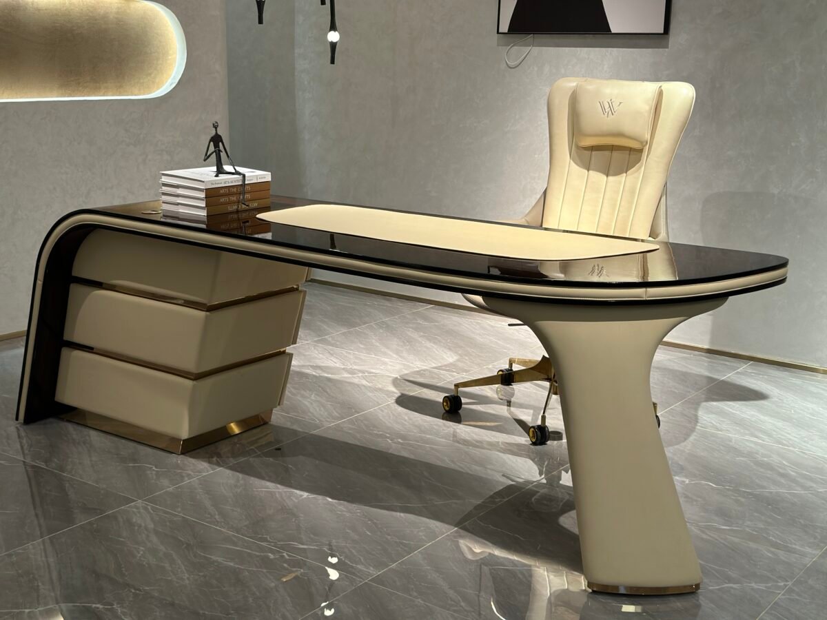 Wood surface curved desk copper gold office artificial finish texture brown copper gold gloss hardware surface detail