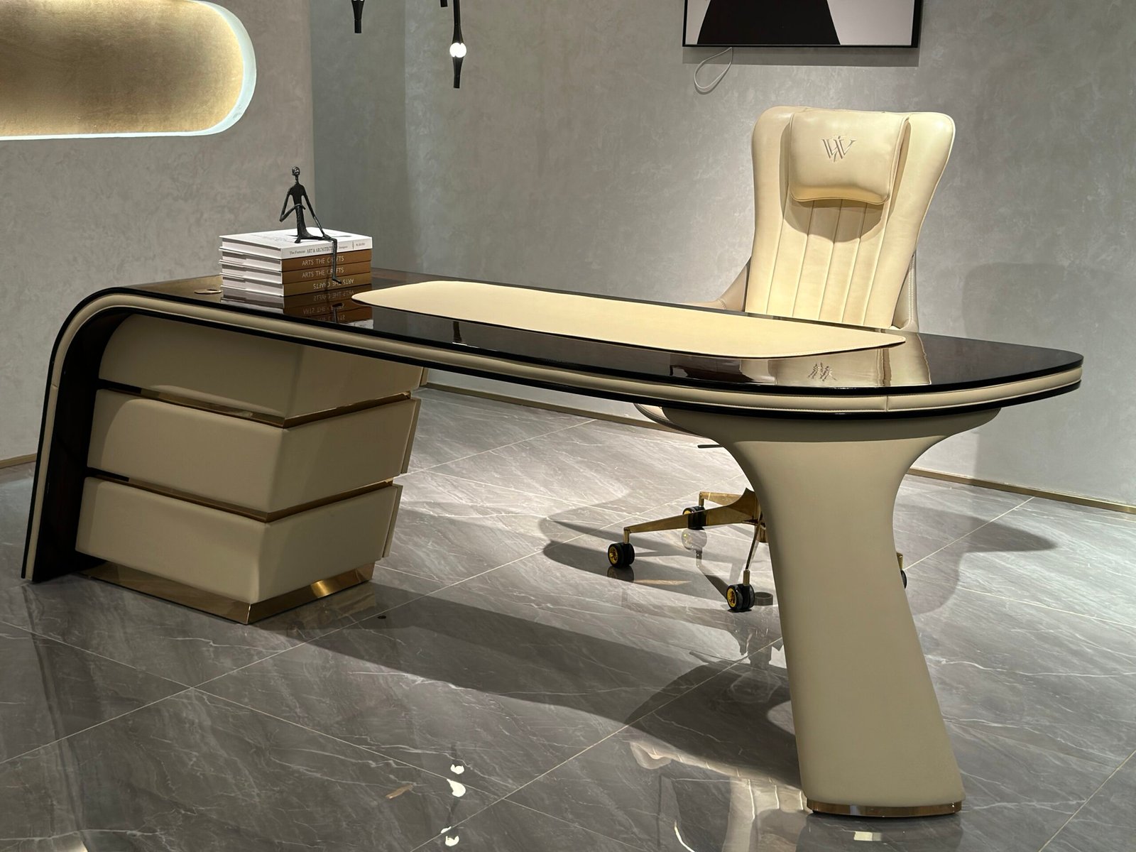 Wood surface curved desk copper gold office artificial finish texture brown copper gold gloss hardware surface detail