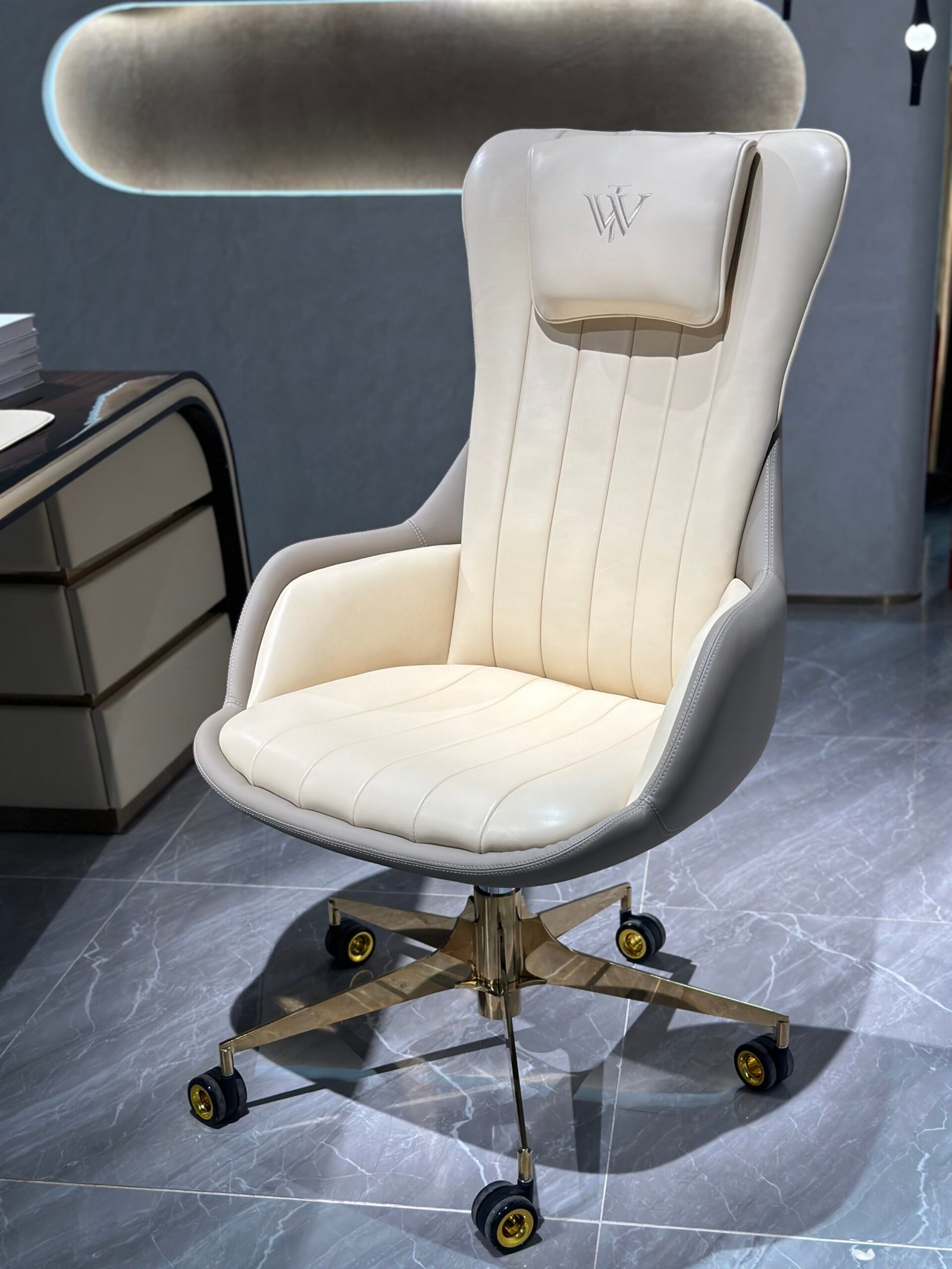 Contemporary white office chair bronze gold home office corporate styled modern residential professional interior genuine leather