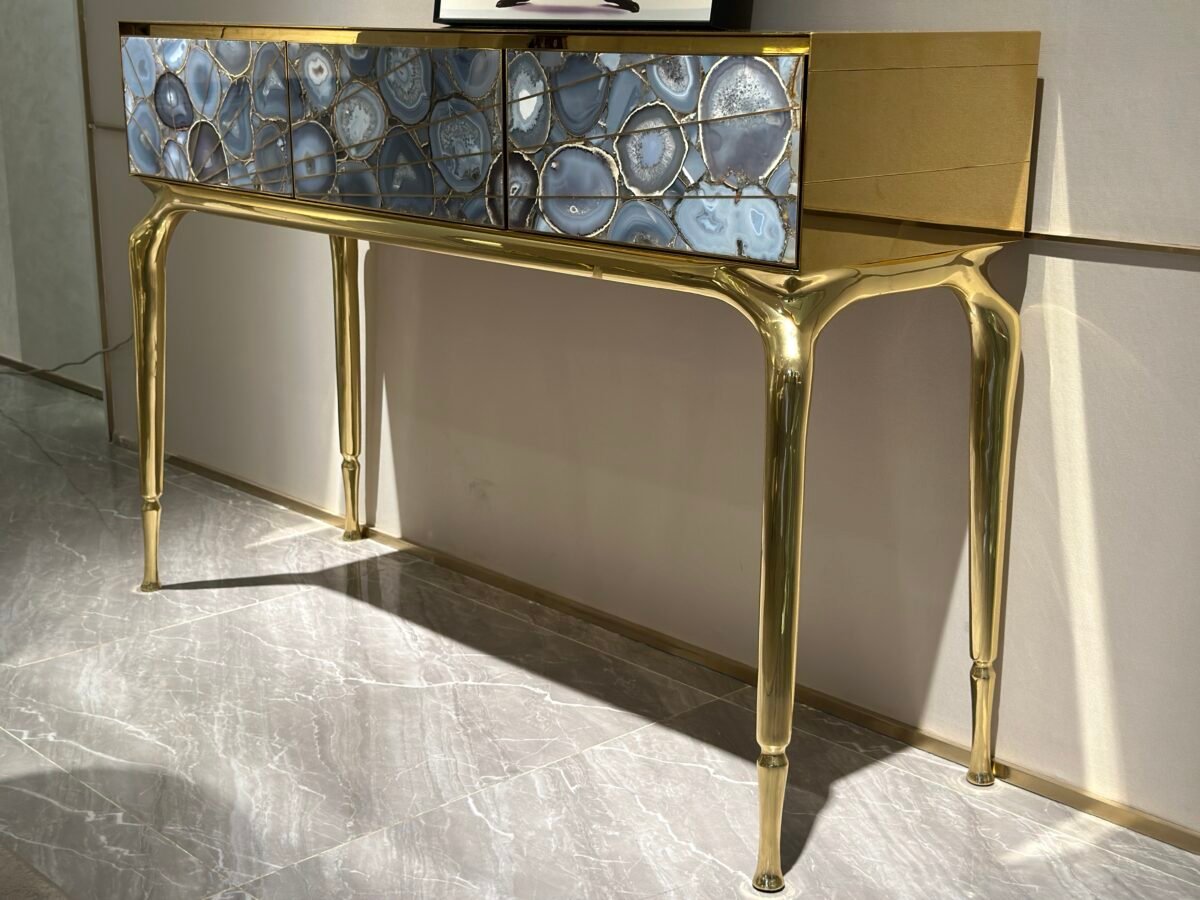 Agate stone console copper legs natural banding pattern surface close-up stone translucency detail