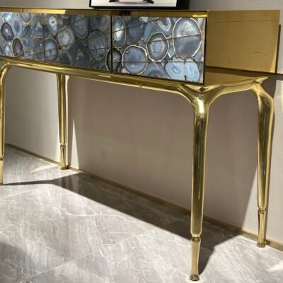 Agate stone console copper legs natural banding pattern surface close-up stone translucency detail