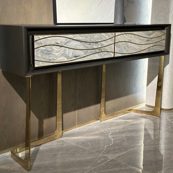 Brown copper console table metal wood gold gloss finish surface Silk Road thin sheet texture light reflection detail