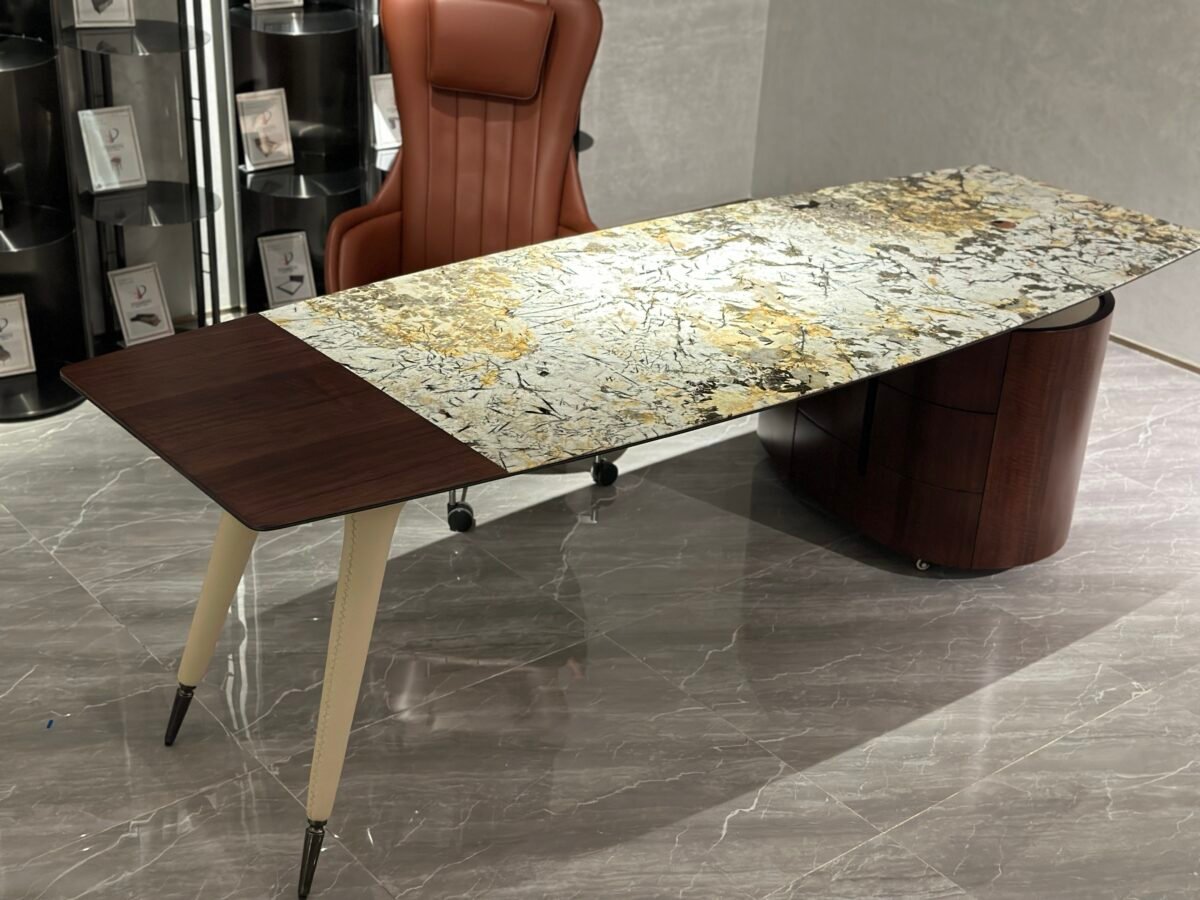 Luxury stone desk copper gold office chair genuine leather half leather upholstery full executive configuration detail