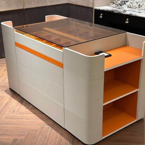Orange glass display cabinet saddle leather accent orange white exterior finish glass front transition detail