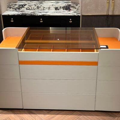 Contemporary display cabinet living room styled modern residential interior Island orange glass leather 160cm