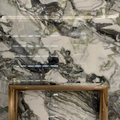 Contemporary marble console table for entrance hall styled modern residential hallway interior Prussian copper mirror snow accent 180cm